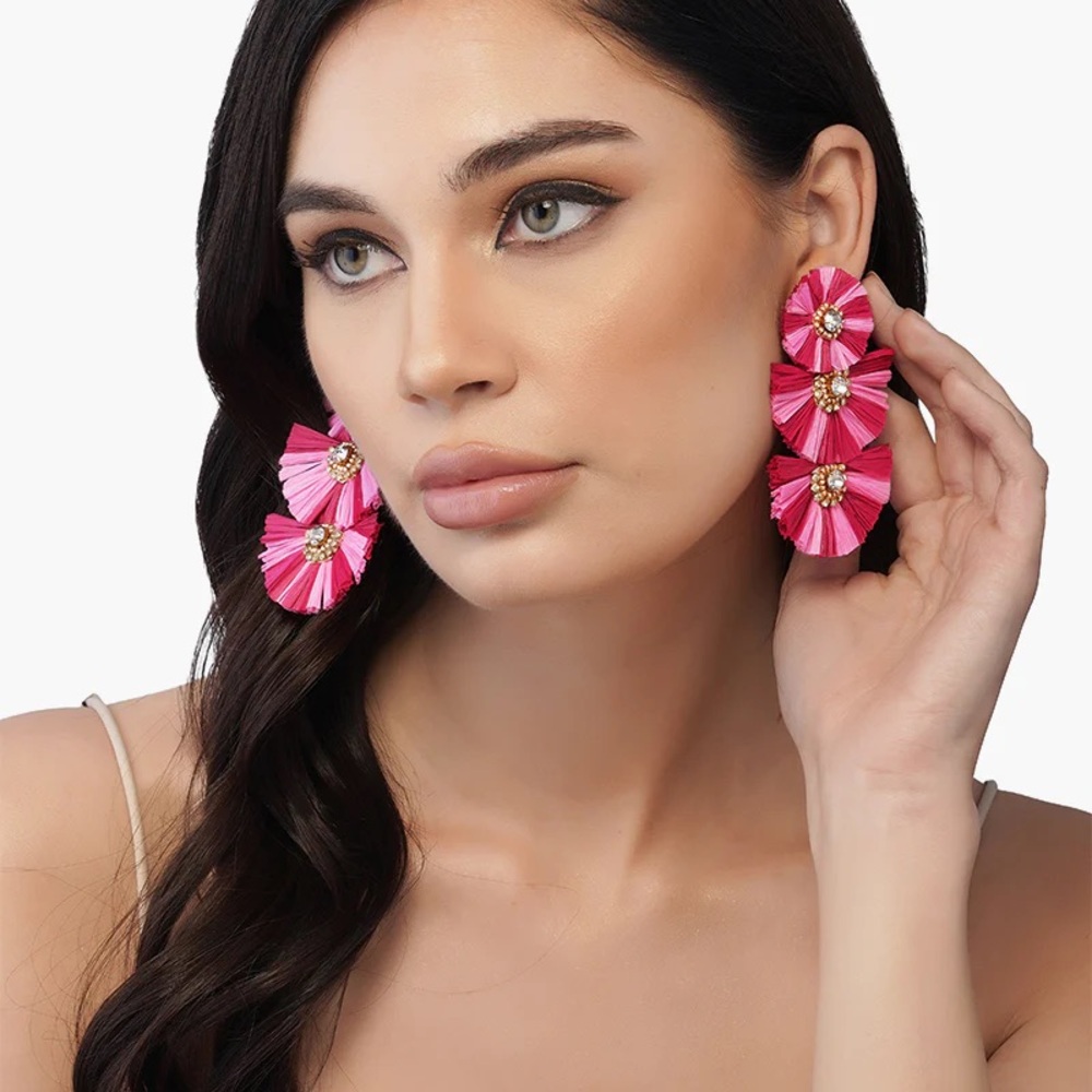 America & Beyond Pink tiered cascade raffia fan earrings